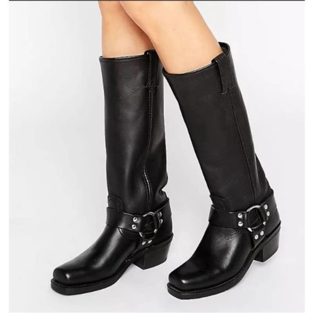 Frye 15R Tall Black Leather Harness Pull-On Boots, Women’s Size 7M